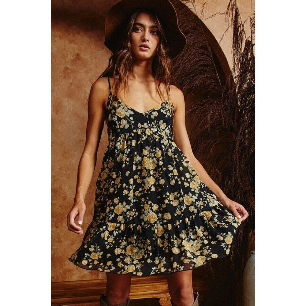 SALE BUCKETLIST Women's Black and Yellow Floral Mini Dress New S-L D3036